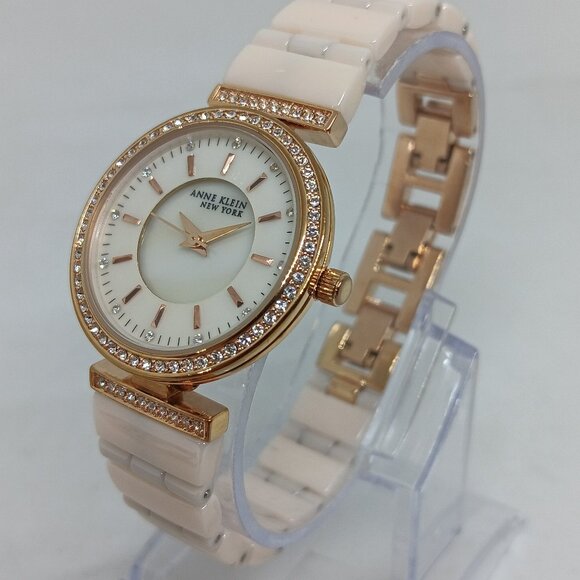 Anne Klein 12/2274RGST Women's 30mm Rose Tone + Ceramic Watch + Bracelet Set - Picture 1 of 13